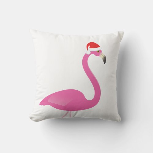 Santa Flamingo on White Outdoor Pillow