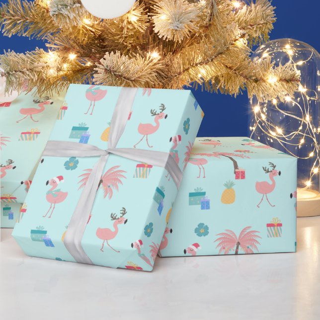 Santa Flamingo Pattern Fun AquaTropical Christmas Wrapping Paper (Holidays)