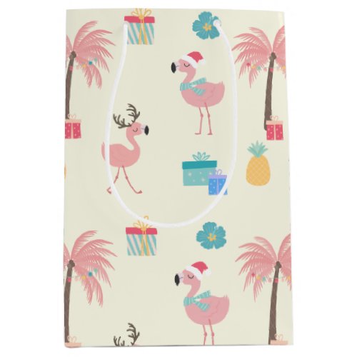 Santa Flamingo Pattern Fun Pink Tropical Christmas Medium Gift Bag