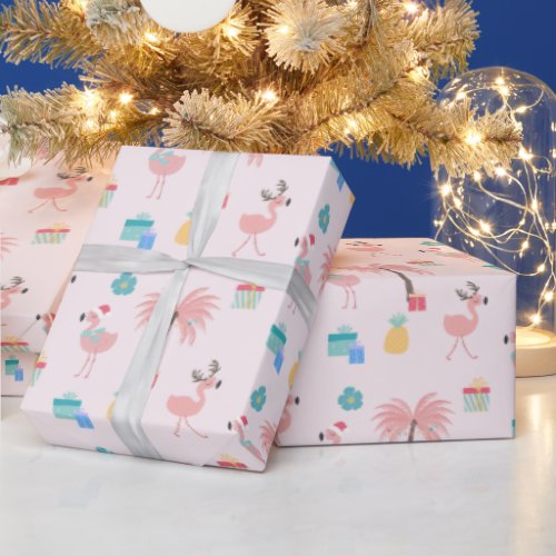 Santa Flamingo Pattern Fun Pink Tropical Christmas Wrapping Paper