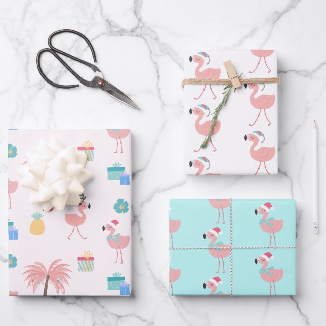 Santa Flamingo Pattern Fun Pink Tropical Christmas Wrapping Paper Sheets (Front)