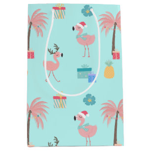 Santa Flamingo Pattern Fun Teal Tropical Christmas Medium Gift Bag