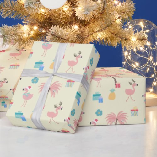 Santa Flamingo Pattern Yellow Tropical Christmas Wrapping Paper