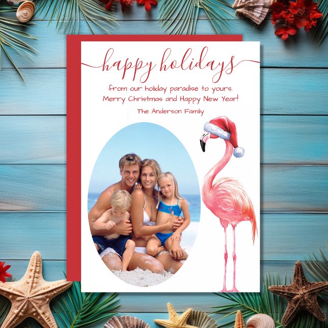Santa Flamingo PHOTO Tropical Beach Christmas Holiday Card (Santa Flamingo PHOTO Tropical Beach Christmas Holiday Card)