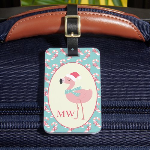 Santa Flamingo w Pink Candy Cane Pattern Christmas Luggage Tag