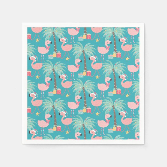 Santa Flamingo's - Fun Aqua Tropical Christmas Napkins (Front)