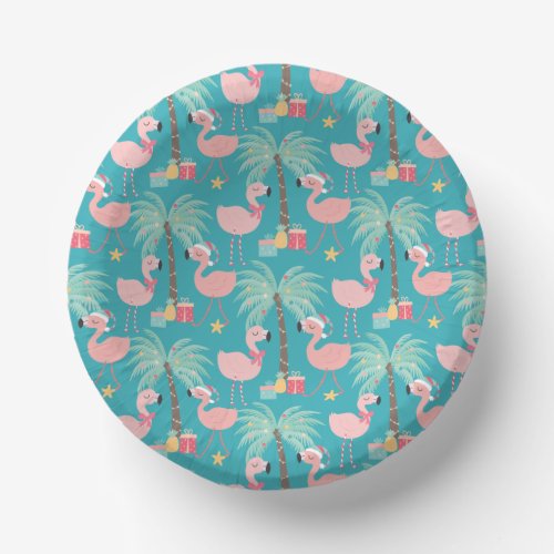Santa Flamingos _ Fun Aqua Tropical Christmas Paper Bowls