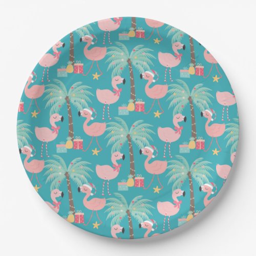 Santa Flamingos _ Fun Aqua Tropical Christmas Paper Plates