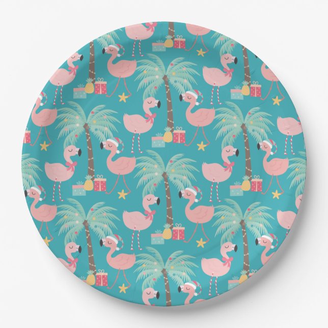 Santa Flamingo's - Fun Aqua Tropical Christmas Paper Plates (Front)