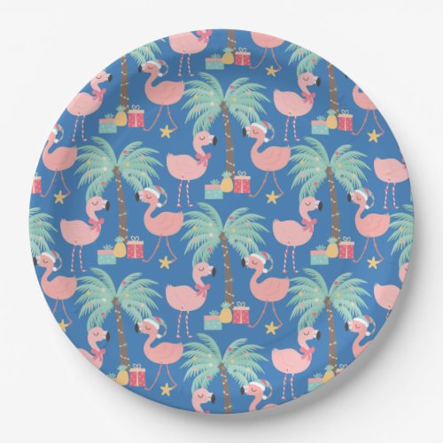 Santa Flamingos _ Fun Blue Tropical Christmas Paper Plates