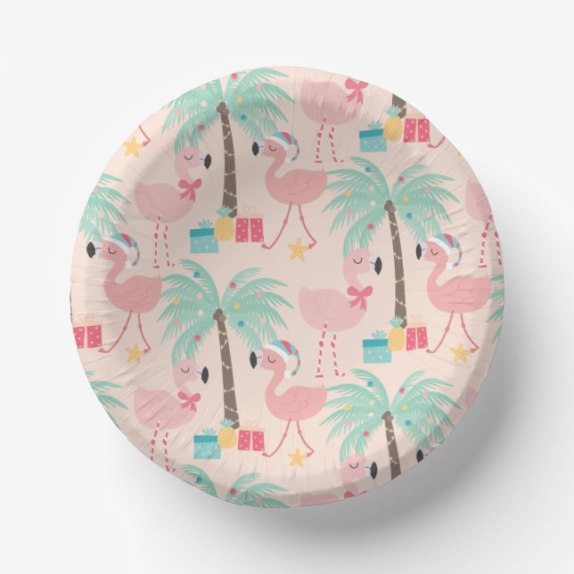 Santa Flamingo's - Fun Pink Tropical Christmas Paper Bowls (Front)