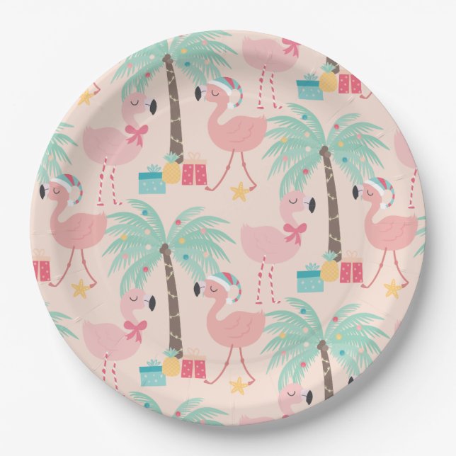 Santa Flamingo's - Fun Pink Tropical Christmas Paper Plates (Front)