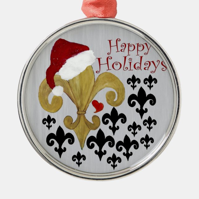 Santa Fleur de lis black and gold Christmas Metal Ornament (Front)