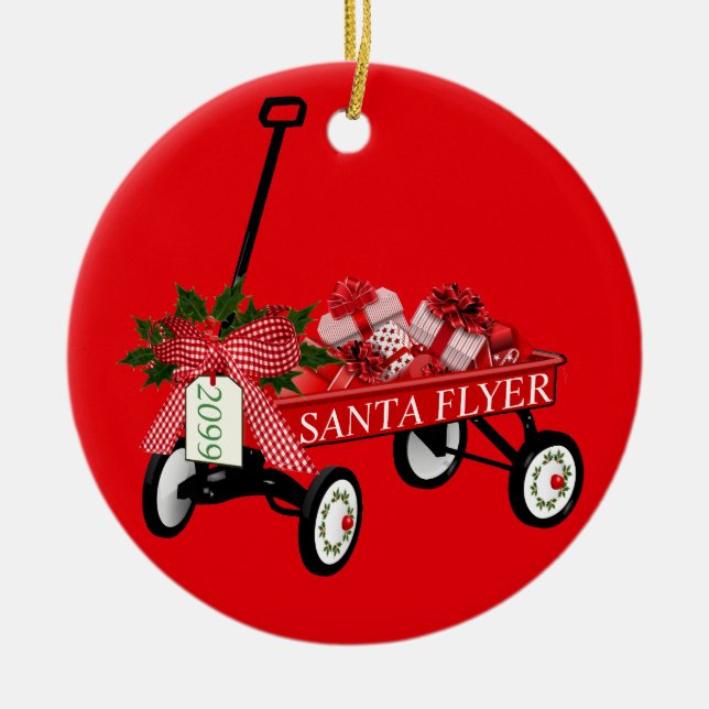 Santa Flyer Toy Red Wagon with Year Christmas Ceramic Ornament (Front)