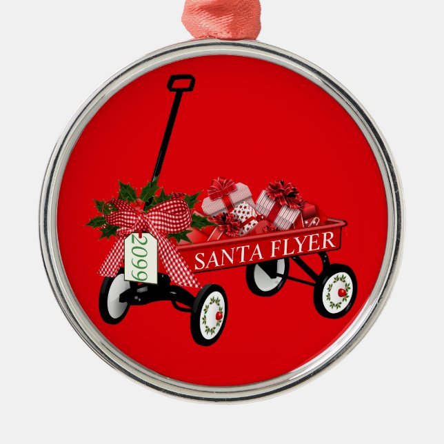 Santa Flyer Toy Red Wagon with Year Christmas Metal Ornament (Front)
