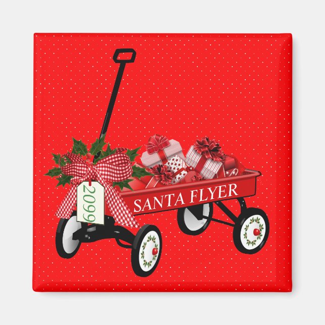 Santa Flyer Wagon Presents Christmas Refrigerator Magnet (Front)