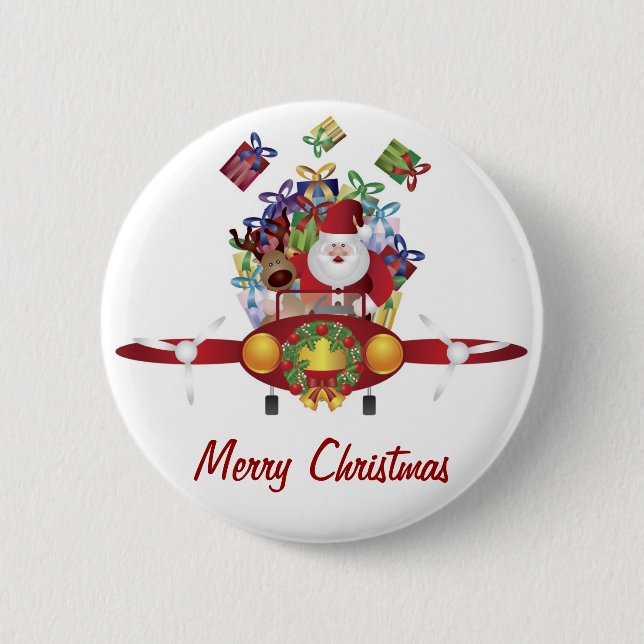 Santa Flying Airplane Button (Front)