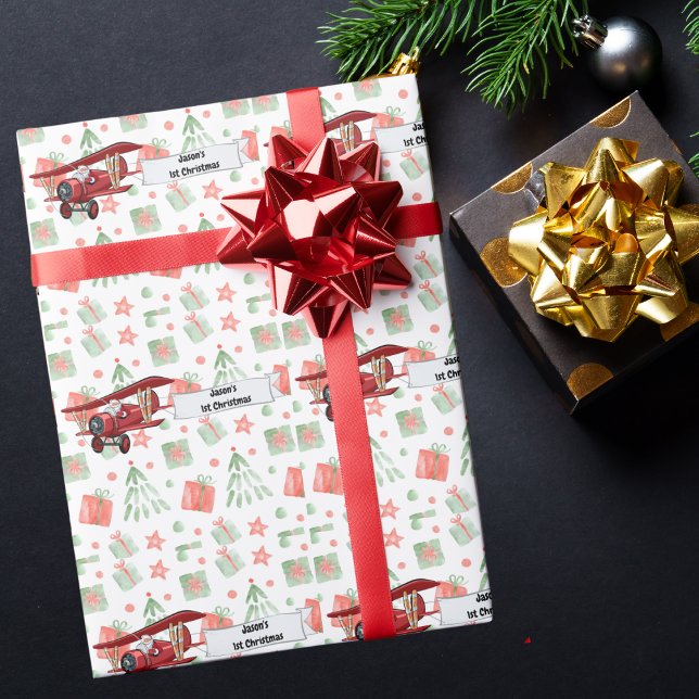 Santa Flying Airplane,First Christmas Personalized Wrapping Paper (Creator Uploaded)