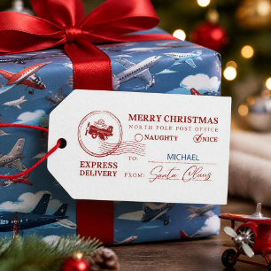 Santa Flying Airplane Mail Stamp Custom Christmas Gift Tags
