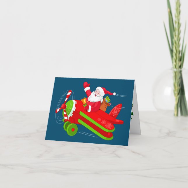 Santa Flying Airplane Merry Christmas Card (Front)