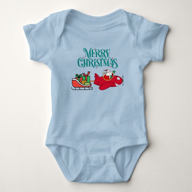 Santa Flying Airplane, Sleigh & presents,Christmas Baby Bodysuit (Front)