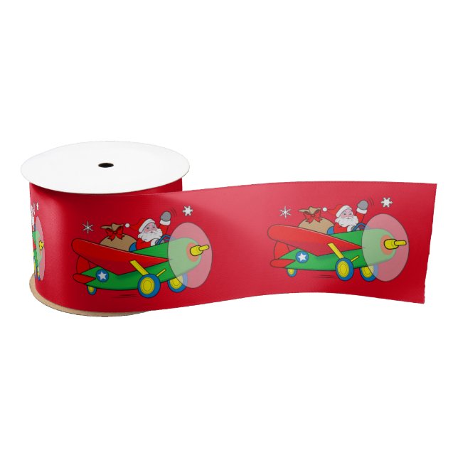 Santa Flying Airplane with Gifts 3" Satin Ribbon (Spool)