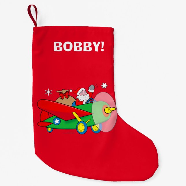 Santa Flying Airplane with Gifts Name Customizable Small Christmas Stocking (Front)