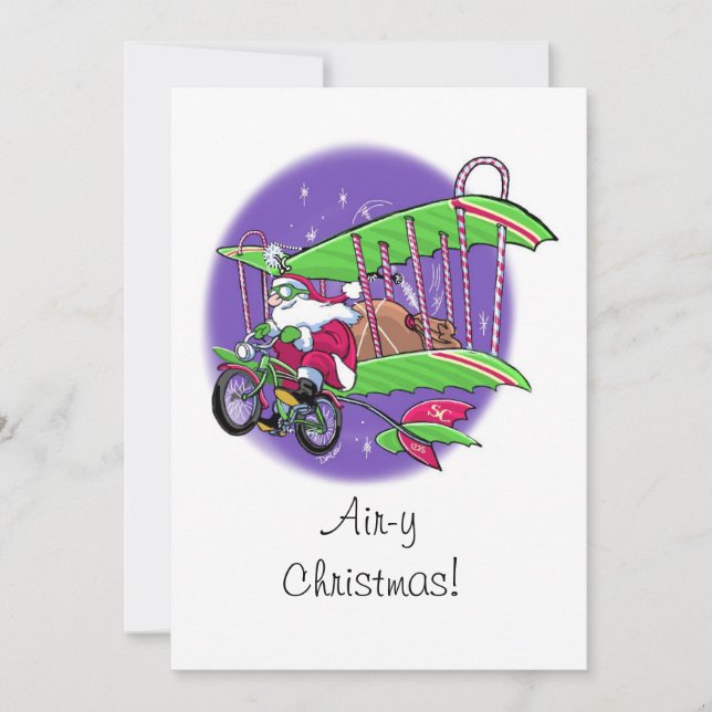 Santa flying bicycle air-y Christmas flat card (Front)