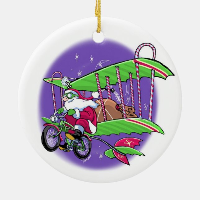 Santa flying bicycle ceramic ornament (Back)