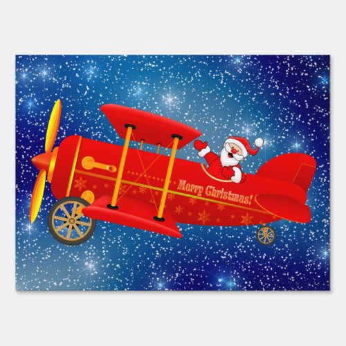 Santa Flying Biplane Yard Sign