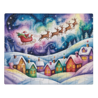 Santa Flying Over a Snowy Village Jigsaw Puzzle