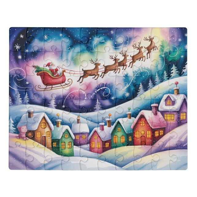 Santa Flying Over a Snowy Village Jigsaw Puzzle (Puzzle Horizontal)