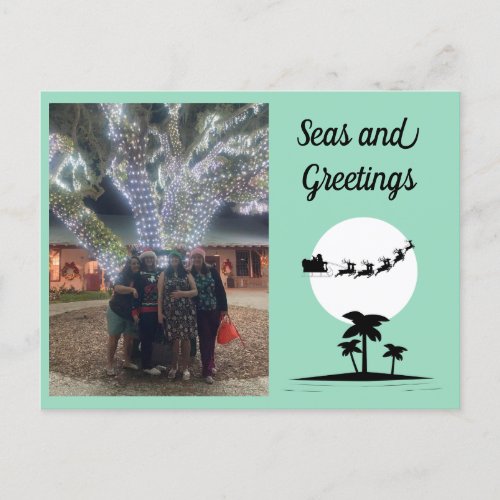 Santa Flying Over an Island Customizable Photo  Holiday Postcard
