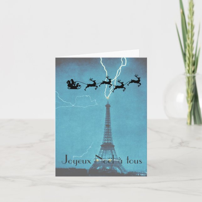Santa Flying Past the Eiffel Tower Holiday Card (Front)