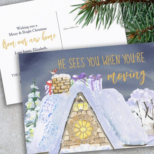 Santa Footprints on Snowy Rooftop Christmas Moving Holiday Postcard