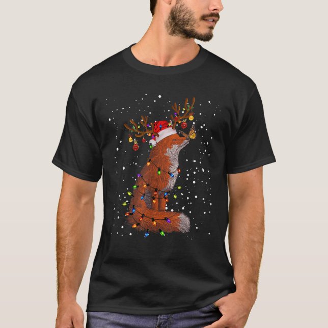 Santa Fox Tangled Up In Christmas Tree Lights Foxe T-Shirt (Front)