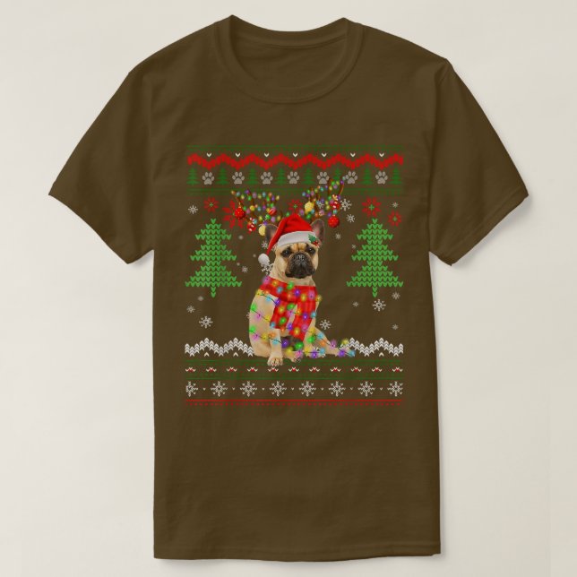 Santa French Bulldog Dog Christmas Lights Ugly Xma T-Shirt (Design Front)