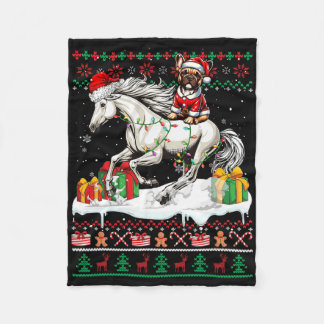 Santa French Bulldog Riding Horse Christmas Sweate Fleece Blanket