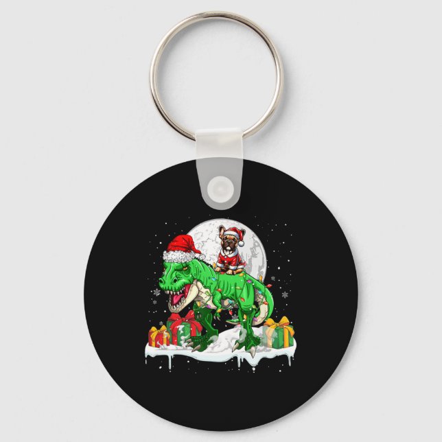 Santa French Bulldog Riding T-rex Christmas Owner  Keychain (Front)