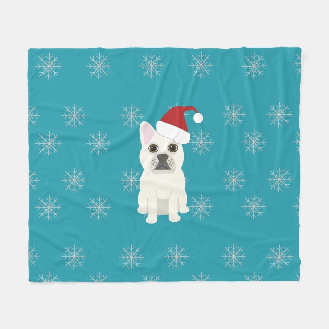 Santa Frenchie, Snowflakes Blue Fleece Blanket (Front (Horizontal))
