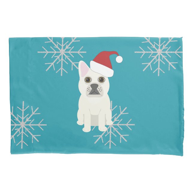 Santa Frenchie, Snowflakes Blue Pillow Case (Front)