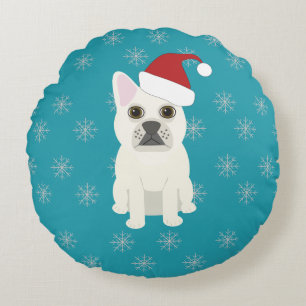 Santa Frenchie, Snowflakes Blue Round Pillow
