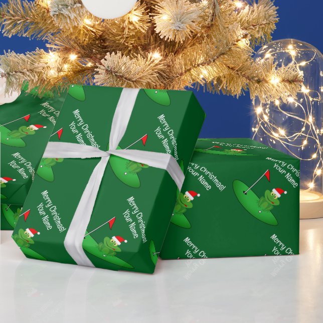 Santa frog cartoon on golf course funny Christmas Wrapping Paper (Holidays)