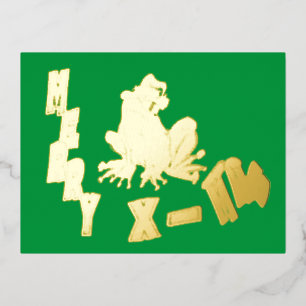 Santa Frog Green Christmas Gold Foil Postcard