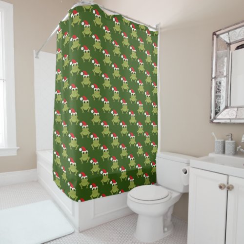 Santa Frog Green Christmas Shower Curtain