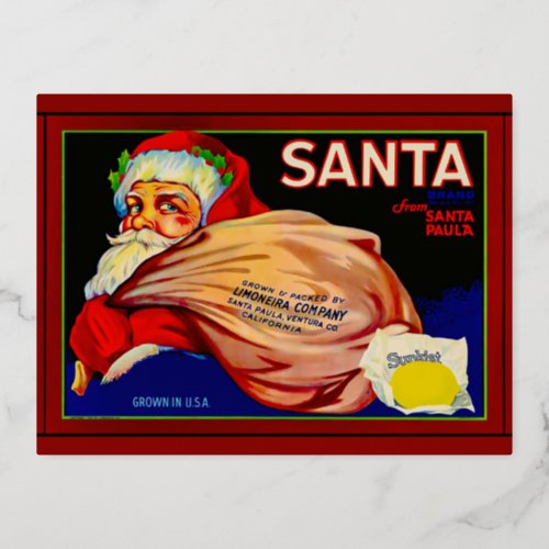 Santa from Santa Paula Lemons packing label Foil Holiday Postcard