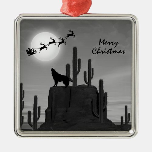 Santa Full Moon Wolf Desert Southwestern Christmas Metal Ornament