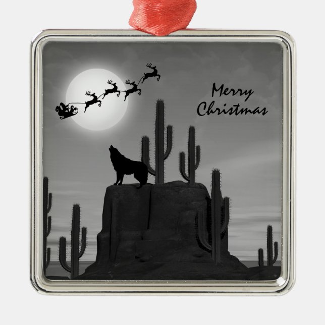 Santa Full Moon Wolf Desert Southwestern Christmas Metal Ornament (Front)