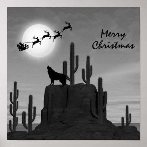 Santa Full Moon Wolf Desert Southwestern Christmas Poster