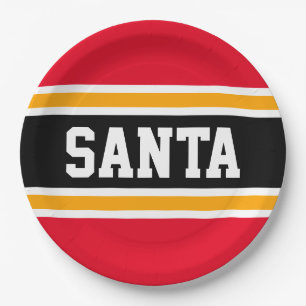 SANTA Fun Bright Red Black Orange Festive Stripes Paper Plates